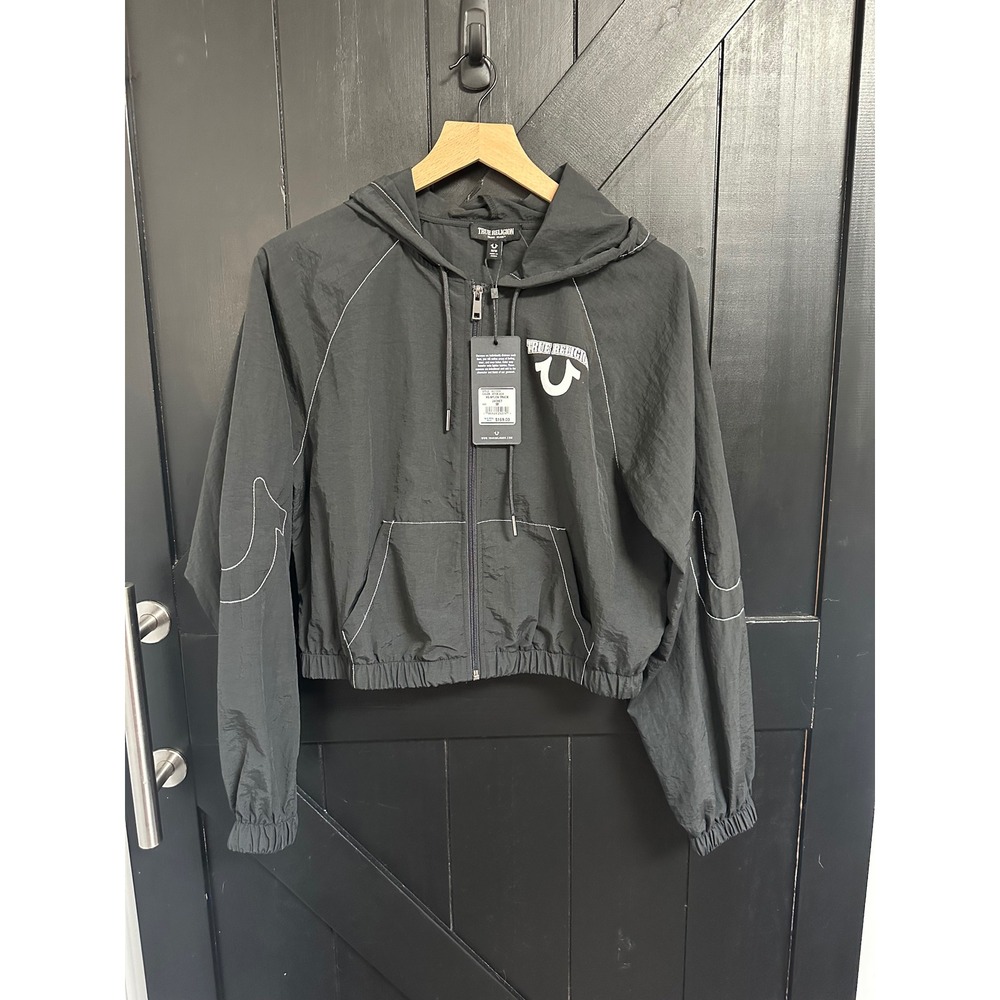 True Religion Women HS Nylon Track Jacket Jet Black Cropped Size M NWT